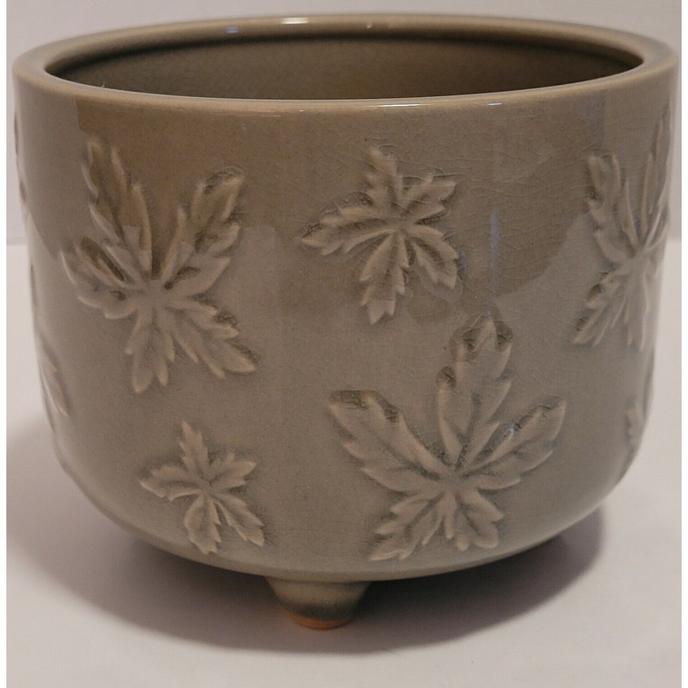 Flora Bunda Ceramic Footed Planter, Sage Green, Leaves in Relief Motif  3.75"H